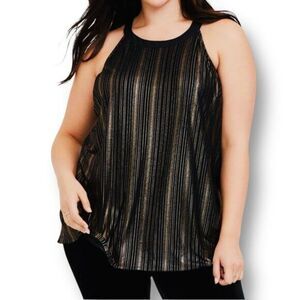 Torrid 3X Black Gold Metallic Stripe Halter Top Sleeveless Shiny Party Blouse